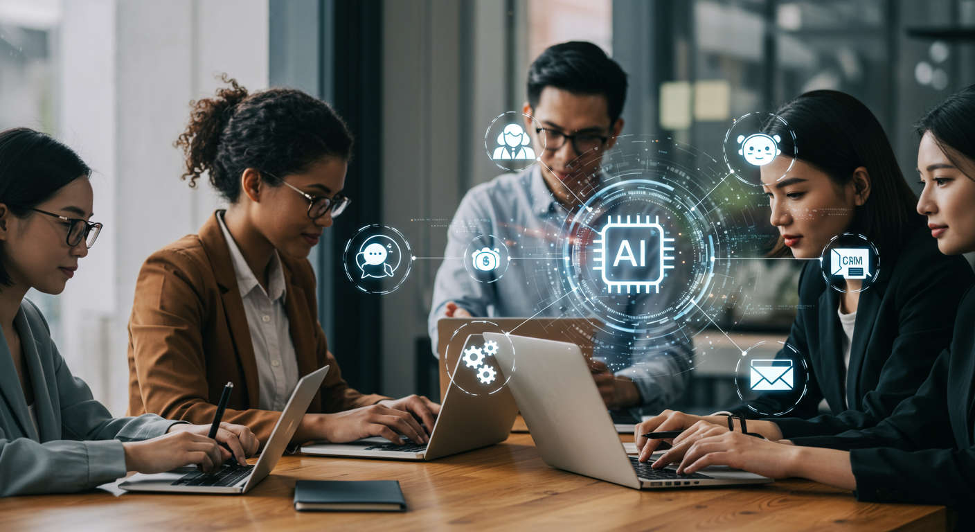 Diverse small business owners and startup entrepreneurs using AI technology with digital icons representing AI automation, chatbots, email marketing, and CRM integration, symbolising growth and innovation.