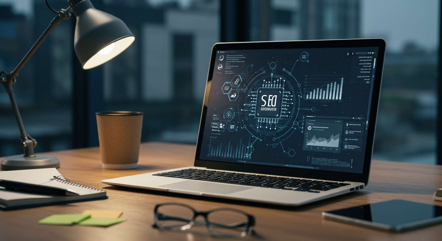 Modern small business office with laptop showing SEO analytics and AI automation software, representing AI daily publishing automation for SMB SEO growth with WordPress and Shopify integration.