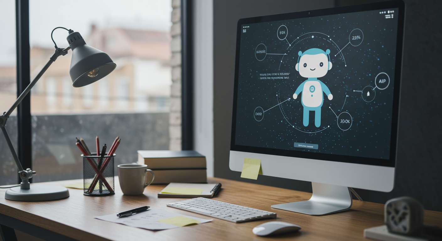 Small local service provider office with AI chatbot interface on computer screen, showing increased local enquiries and review management