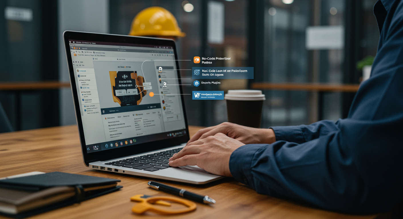 A local service provider such as a plumber or electrician using a no-code AI automation platform on a laptop, showing ease of use and integration with WordPress and Shopify plugins, modern office background