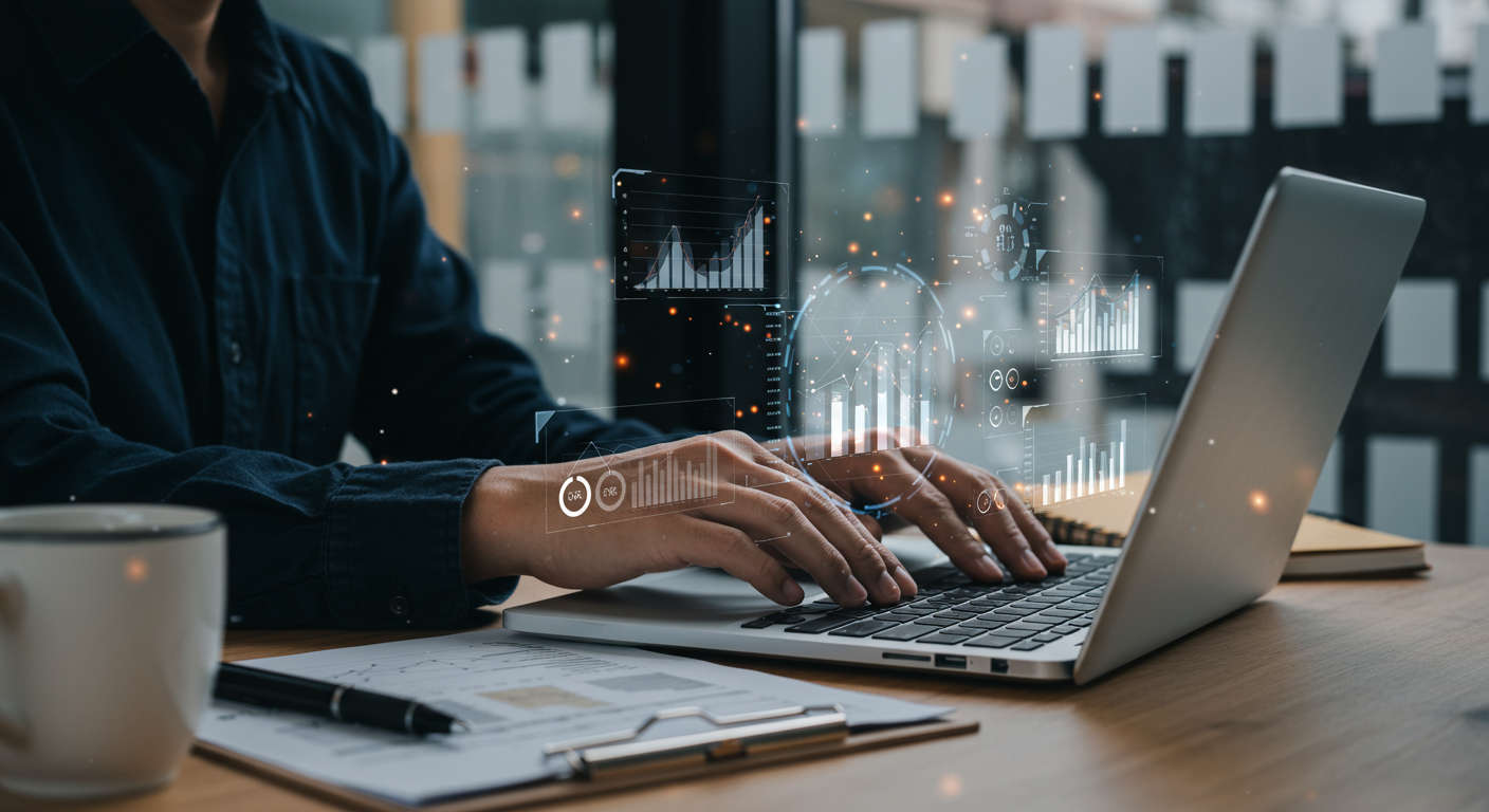 Small business owner using AI-powered competitor analysis tools with digital data insights in a modern office