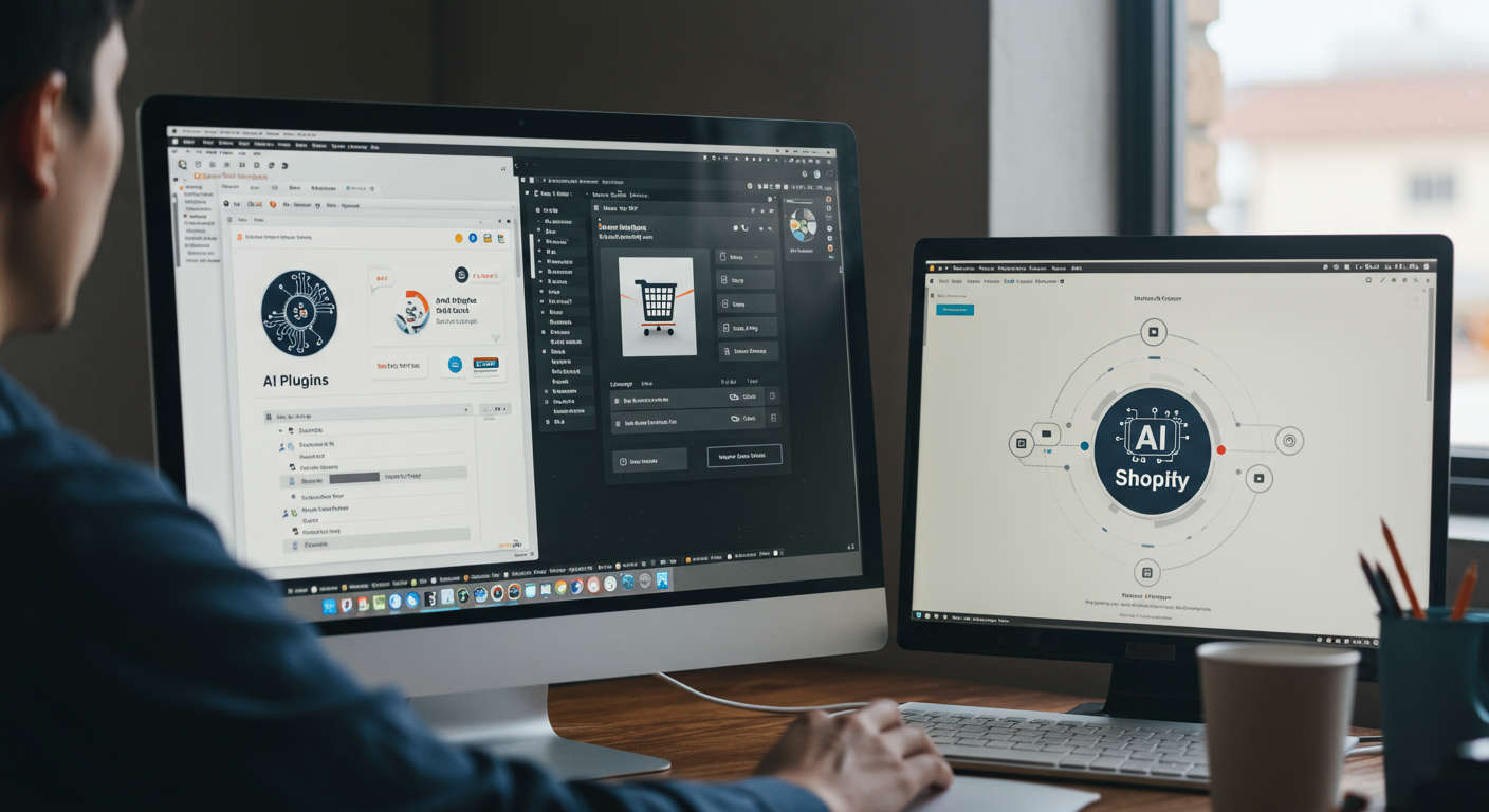 A step-by-step guide concept showing a user installing and configuring AI plugins on WordPress and Shopify, with visual elements like plugin icons, settings, and publishing schedule on a computer screen
