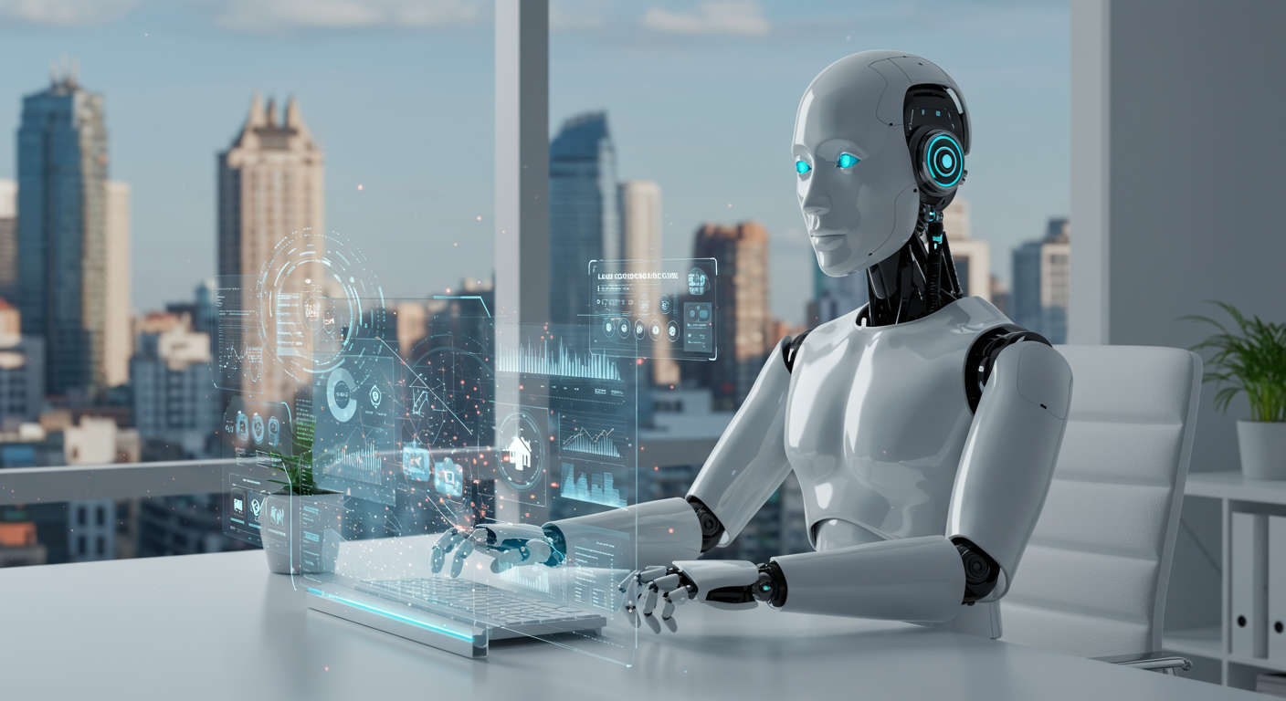 AI virtual employee working on lead generation tasks for real estate SMBs, showing automation and digital marketing elements, modern office background