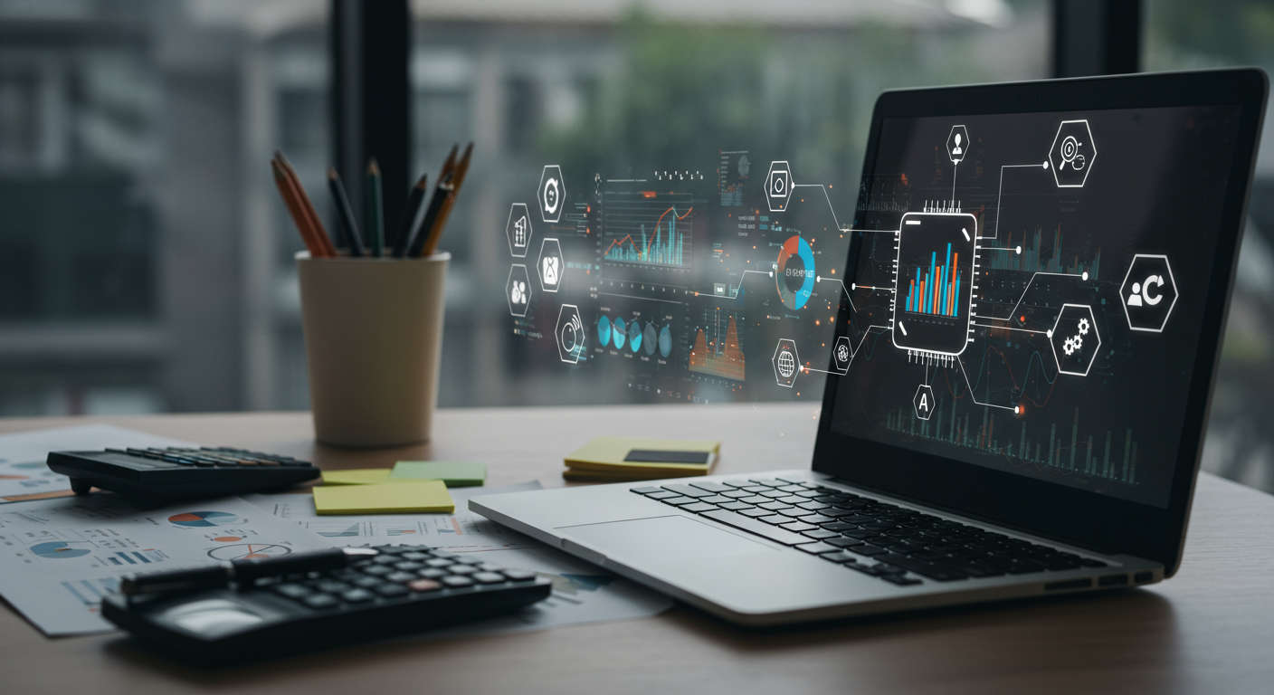 Modern office workspace with laptop showing AI data analytics and competitor analysis icons, symbolising AI-powered competitor analysis for small businesses