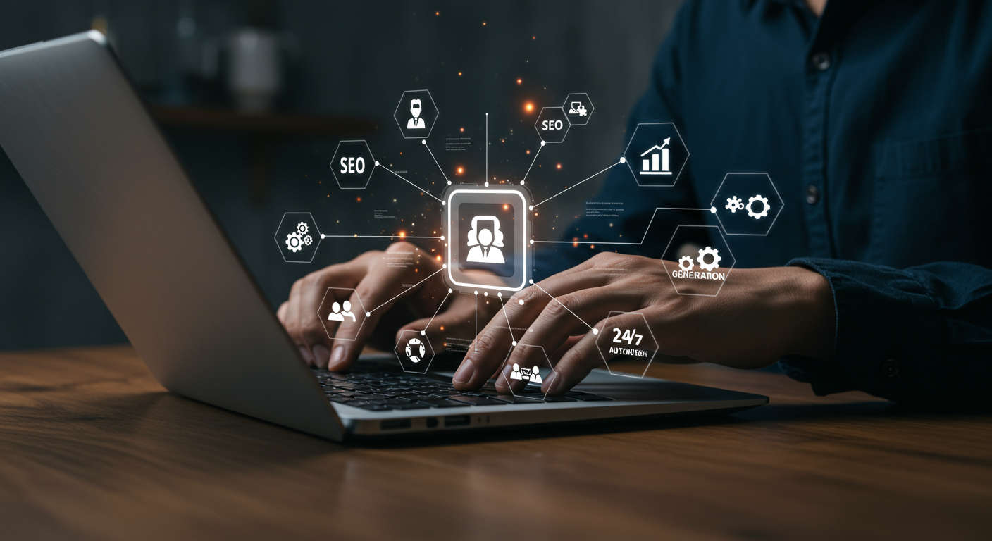An AI virtual employee working on a laptop surrounded by icons representing SEO, lead generation, and automation, symbolising 24/7 task automation for small businesses