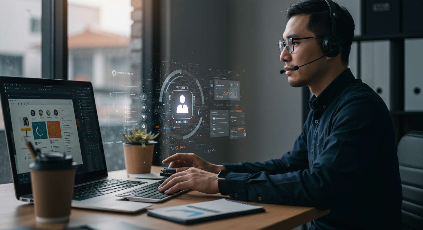 Small and medium-sized business owner using AI workflow automation on WordPress and Shopify, showing seamless integration of AI virtual employee managing content creation, inventory, customer support, and marketing tasks, modern office setting