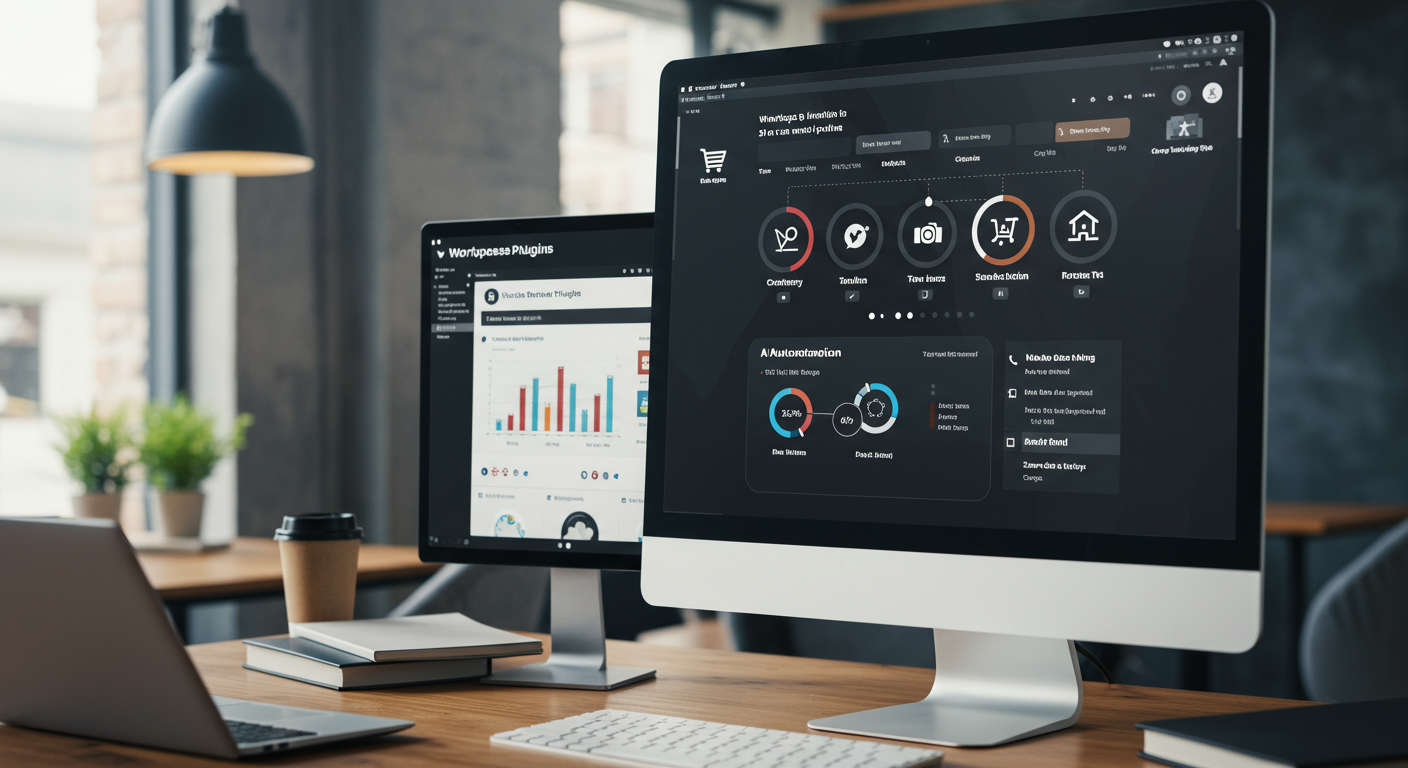 WordPress and Shopify plugins interface on a computer screen showing AI automation features, with small business environment in the background, highlighting ease of use and no-code onboarding