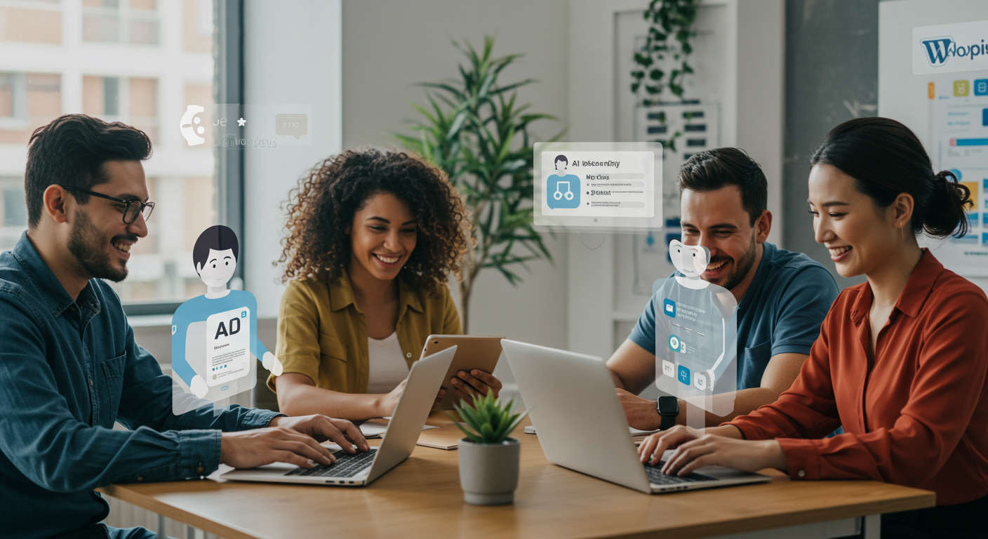 Small business owners using AI virtual employees on laptops and tablets with Shopify and WordPress icons, illustrating no-code AI onboarding and automation in a modern office setting