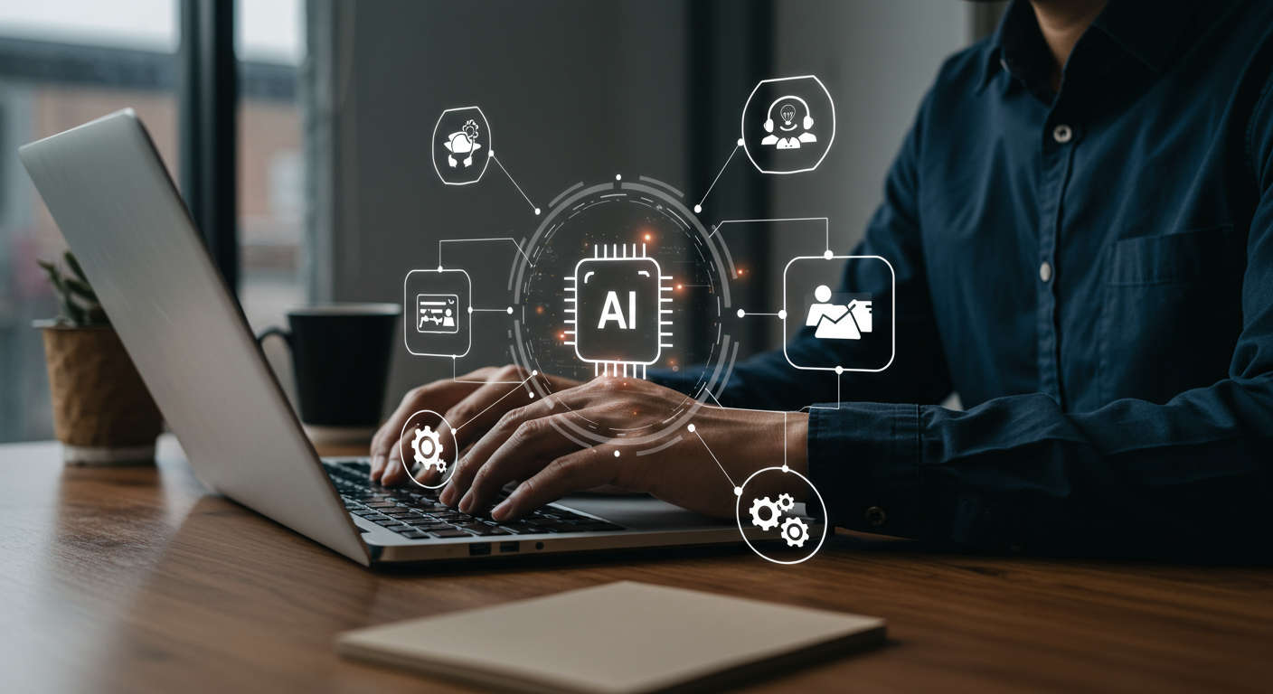 A startup founder using AI automation tools on a laptop, surrounded by icons representing marketing tasks like SEO, content creation, and customer support, modern office setting