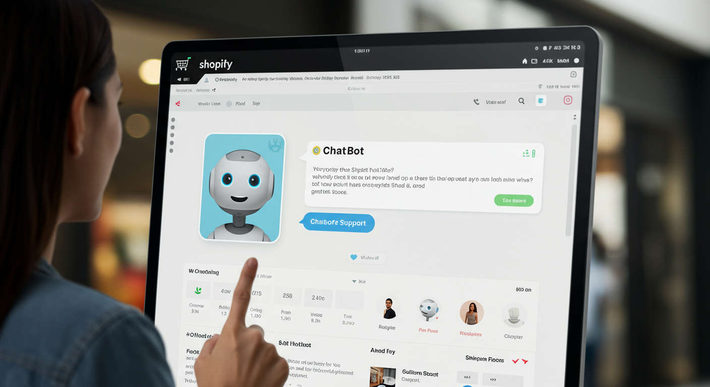 AI chatbot interacting with customers on a Shopify store interface, showing seamless integration and 24/7 availability, modern and friendly design