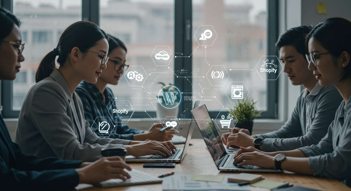 A modern small business office environment with a diverse team working on laptops displaying WordPress and Shopify logos, surrounded by AI and automation icons symbolising workflow automation and digital efficiency for SMB growth.
