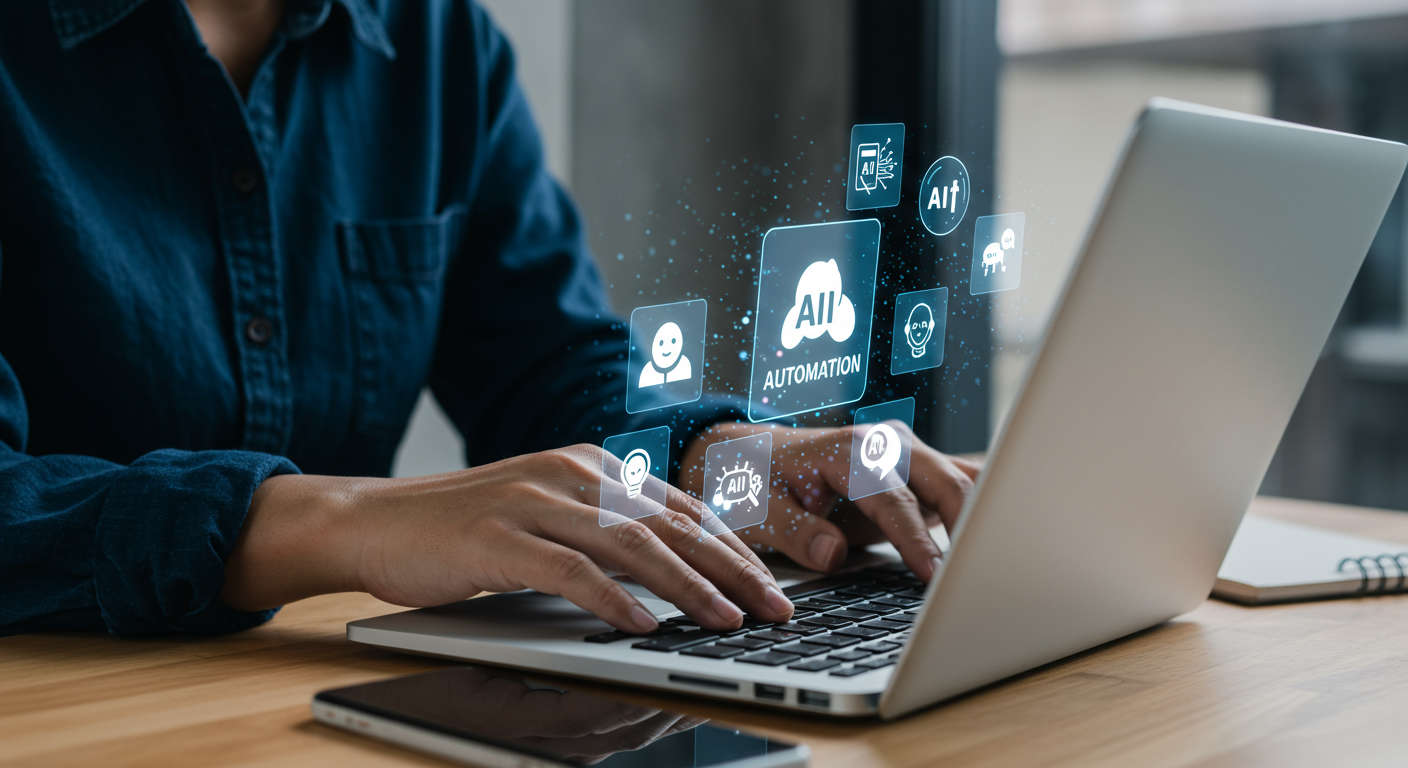 Small business owner using a laptop with AI automation virtual assistant icons floating around, representing no-code AI automation and seamless integration with WordPress and Shopify in a modern office setting.