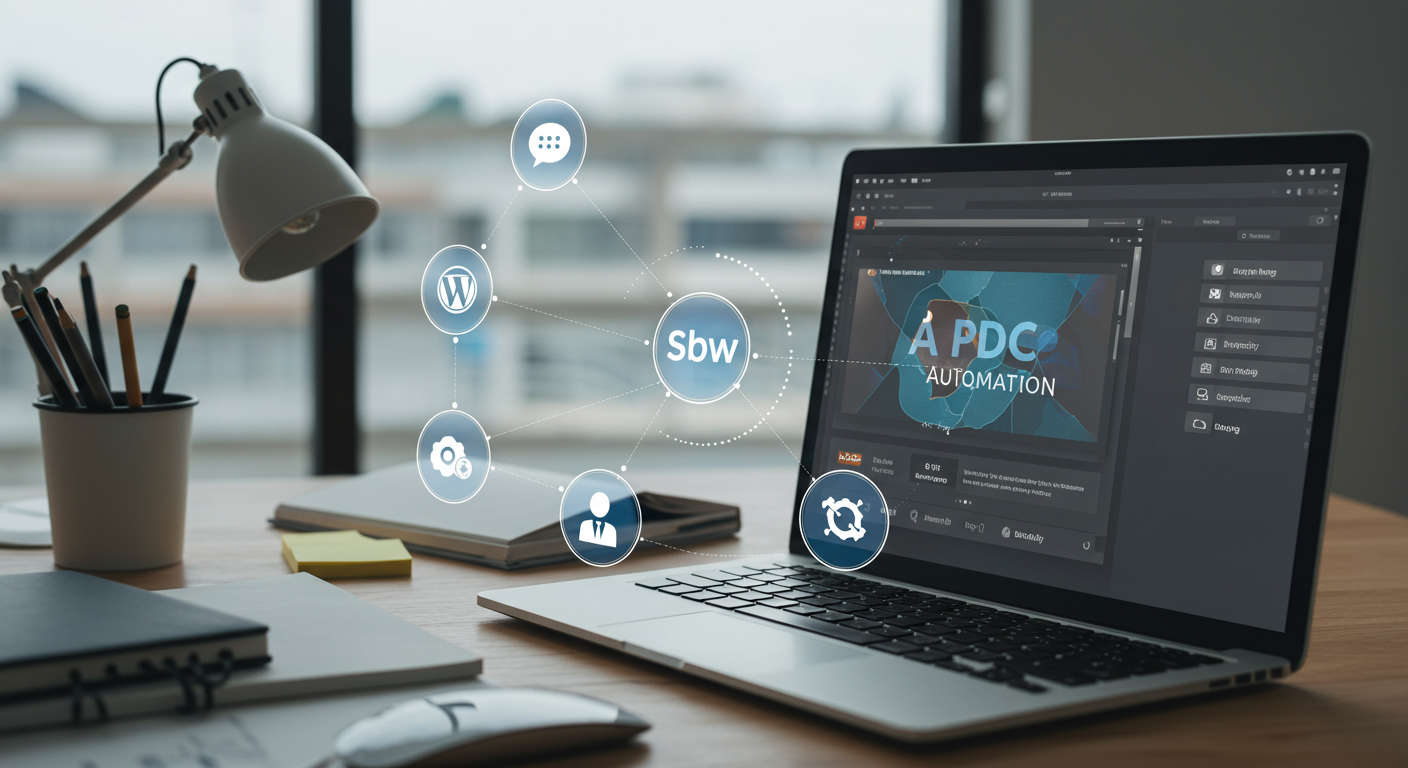 Modern workspace with laptop showing AI automation software, surrounded by WordPress and Shopify icons, representing no-code AI automation for small businesses.