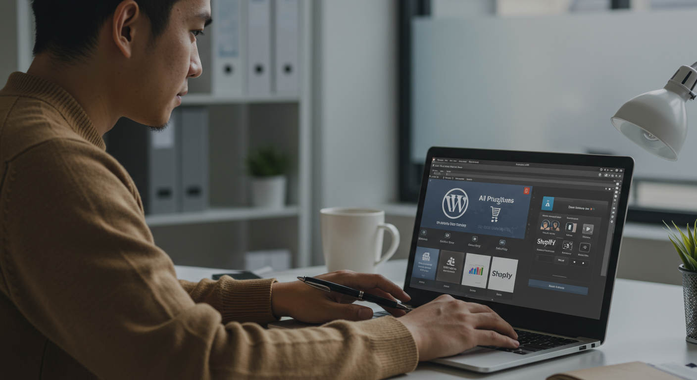 Small business owner using AI plugins on laptop with WordPress and Shopify logos, illustrating automation and digital growth