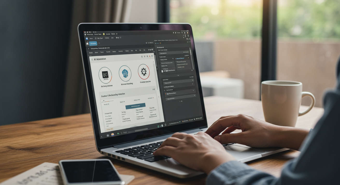 A user-friendly WordPress and Shopify plugin interface showcasing AI automation features, no-code onboarding process, and ecommerce workflow automation with a small business owner using the software on a laptop.