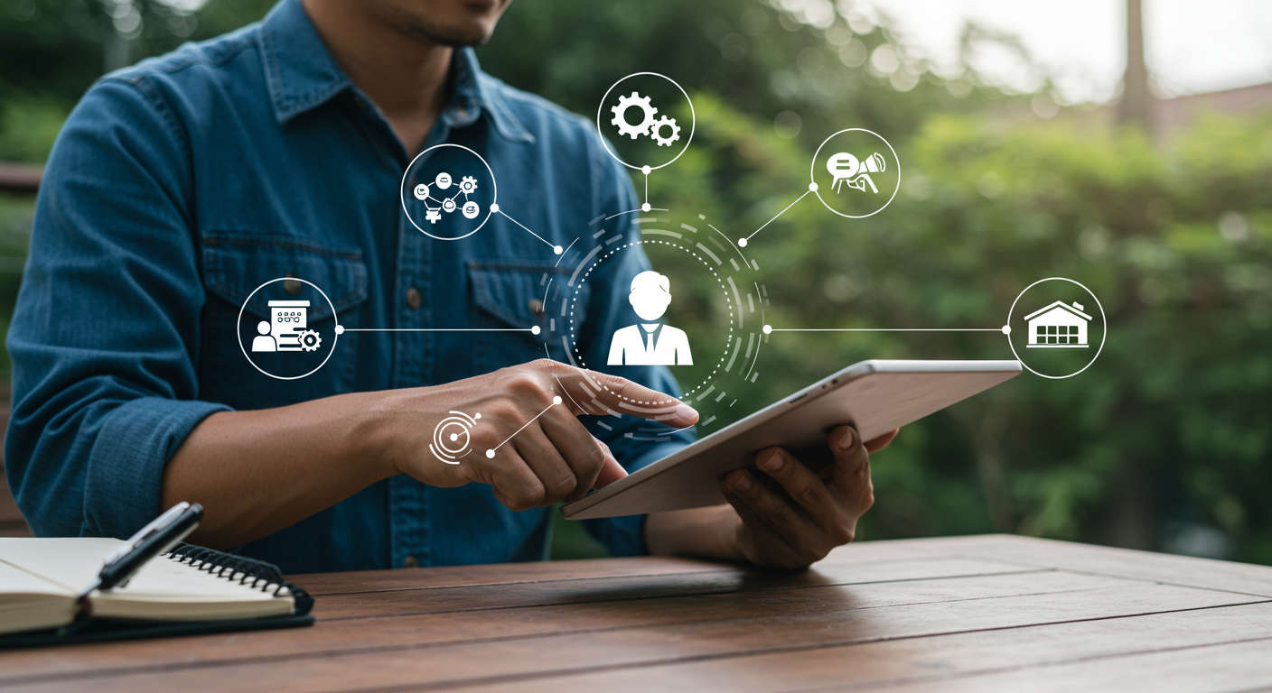 A local services provider (plumber or landscaper) using AI virtual employee on tablet, with visual elements showing local SEO, appointment scheduling, lead follow-up, and increased enquiries, outdoor setting