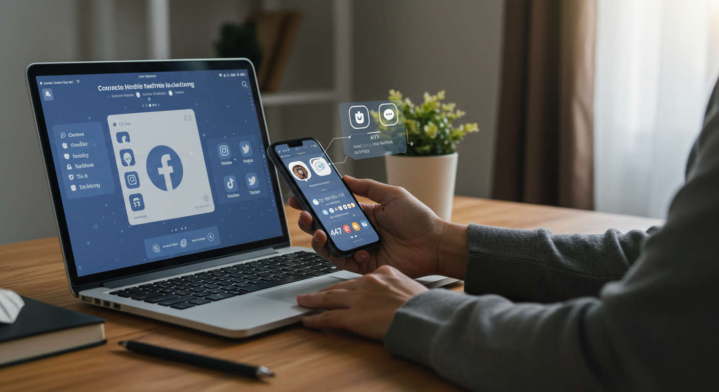 Small business owner using laptop and smartphone to connect social media accounts with AI social media scheduling platform, showing secure credential management and mobile-friendly dashboard.