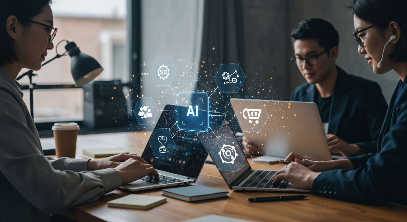 Diverse small business owners and startup teams using AI virtual employees on Shopify and WordPress platforms for automation, SEO, lead generation, and customer support in a modern digital workspace