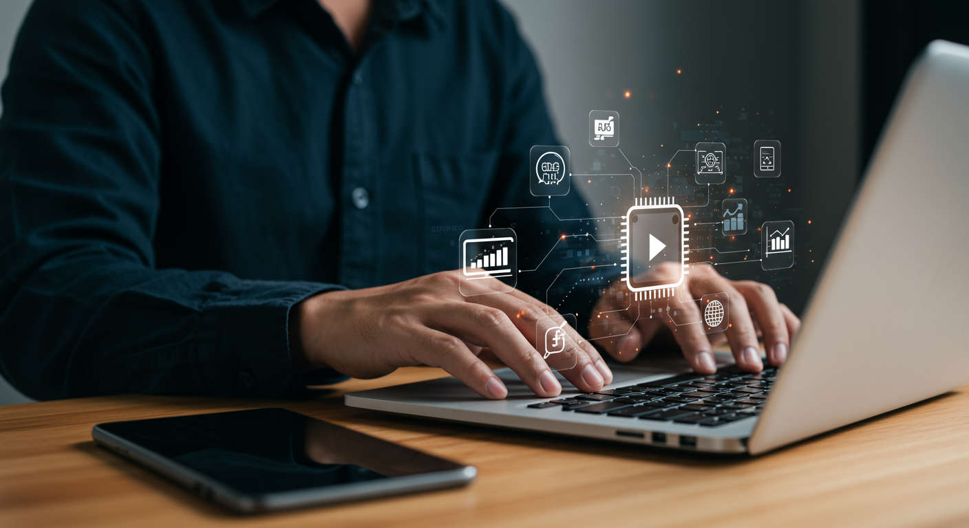 A small business owner using AI technology on a laptop, with video marketing icons and digital automation elements around, representing AI video script generation for SMBs