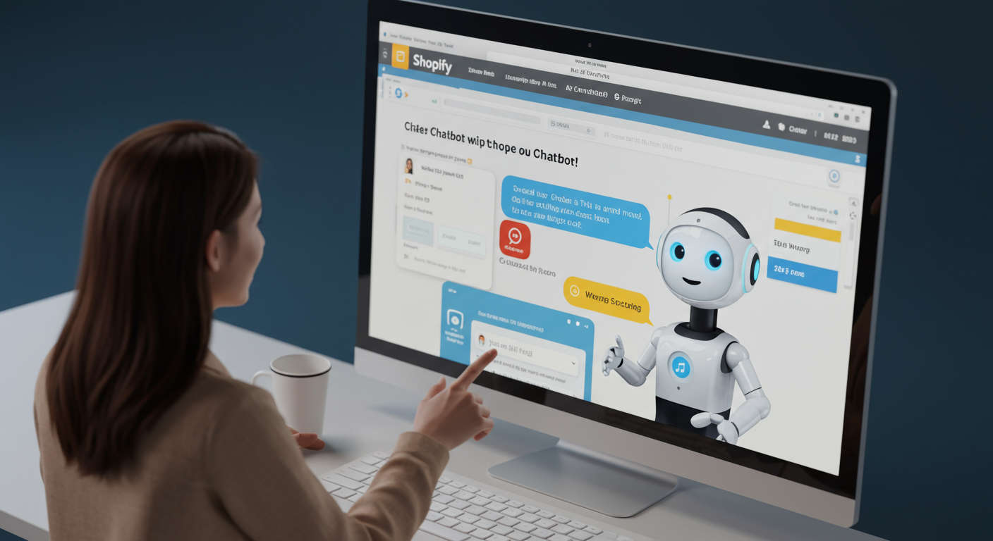 AI chatbot providing customer support on Shopify ecommerce website, 24/7 virtual assistant helping customers, friendly and efficient interaction, digital technology theme