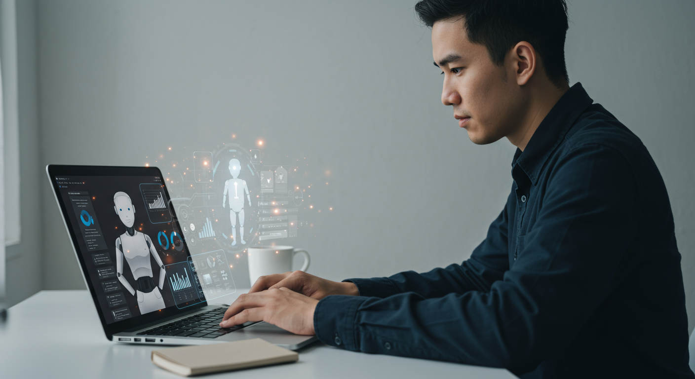 Small business owner using AI virtual employee on laptop, digital sales funnel automation, modern office environment, technology and business concept