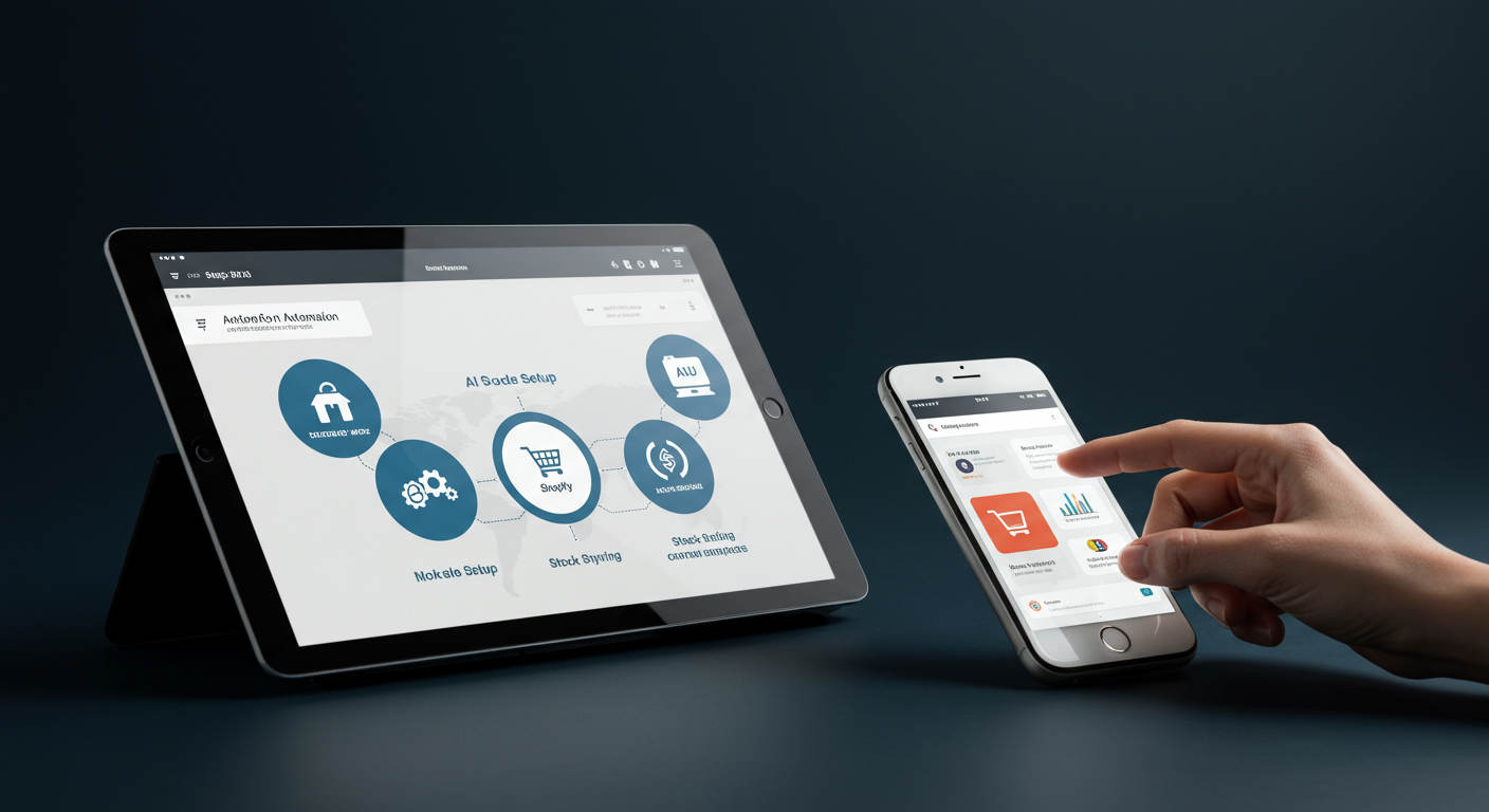User-friendly AI automation dashboard on tablet and smartphone showing no-code setup and stock syncing for Shopify stores