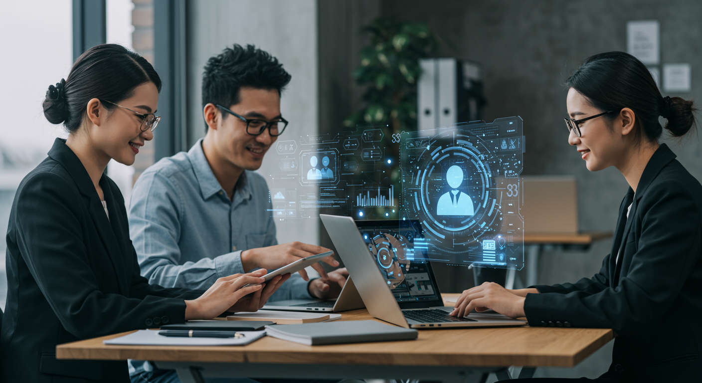 Diverse small business team collaborating with AI virtual employee technology on laptops and tablets in a modern office environment