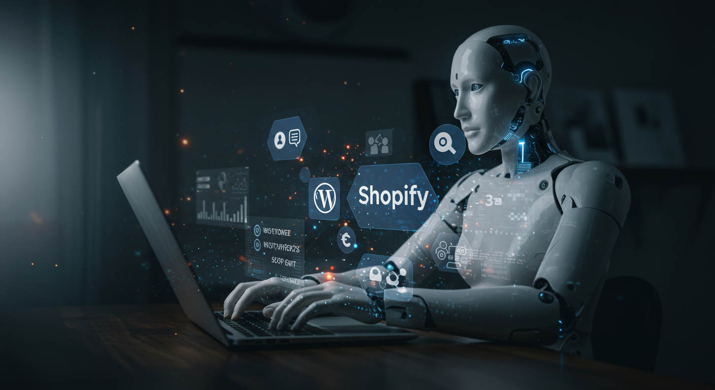 Futuristic AI virtual employee working on a laptop with Shopify and WordPress logos, surrounded by digital data streams and SEO icons representing autonomous ecommerce automation for small businesses and startups