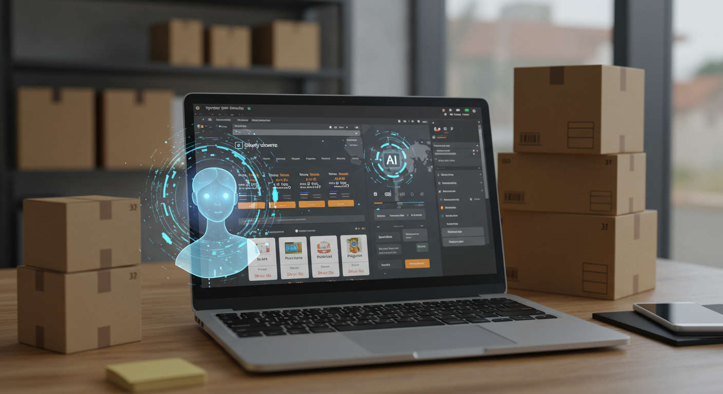 Modern ecommerce workspace with Shopify dashboard, AI virtual assistant hologram, inventory boxes, and stock charts in a professional setting