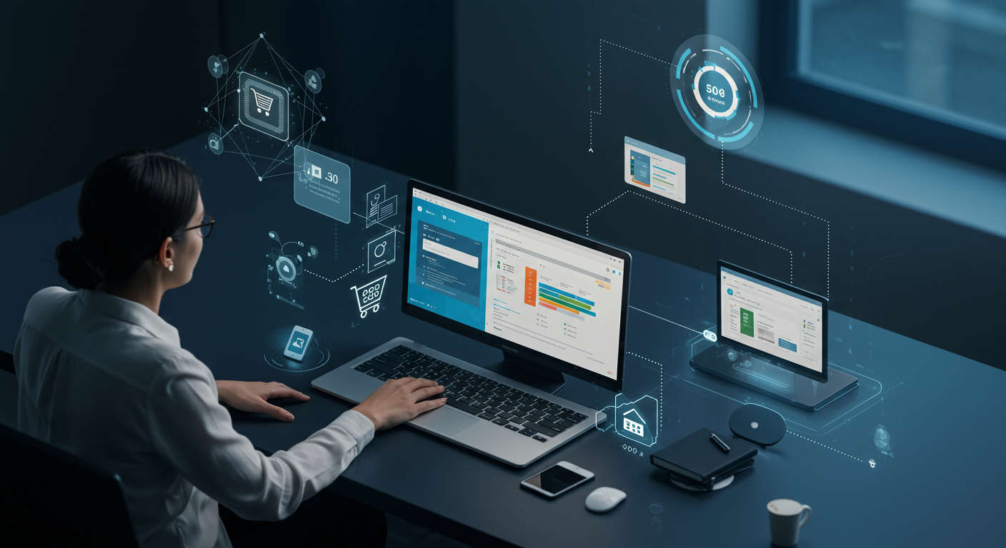 Integration of AI virtual employees with Shopify workflows, showing seamless connection between order management, CRM, and inventory systems with AI assistance