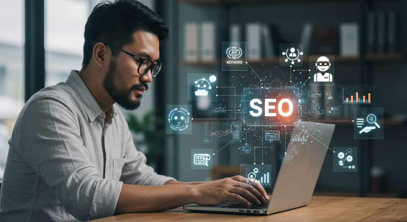 A small business owner working on a laptop with AI virtual assistant icons and SEO-related graphics around, symbolising daily SEO content automation for SMBs