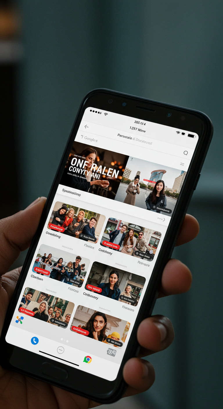 A mobile user browsing a personalised Google Discover feed on a smartphone, showing diverse content cards with images and headlines, emphasising mobile-first and personalised content discovery