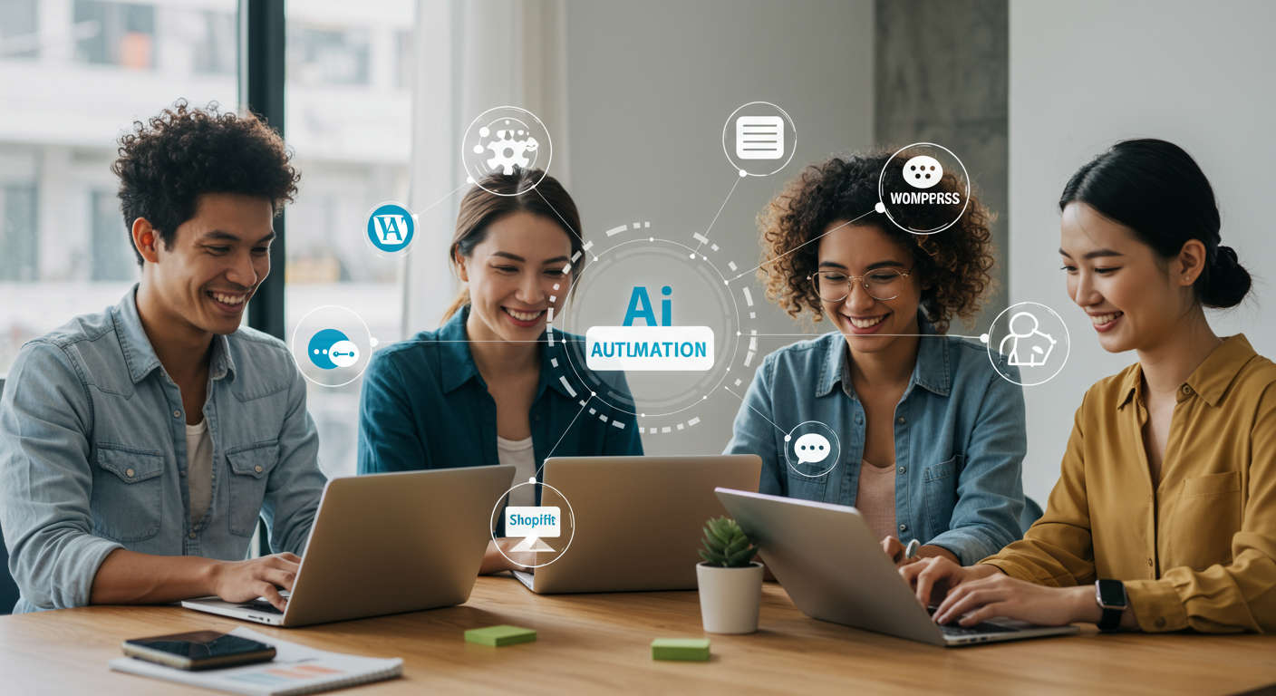 Diverse small business owners and startup entrepreneurs using laptops and tablets with AI automation, WordPress, and Shopify icons symbolising no-code AI onboarding and virtual employees boosting business efficiency