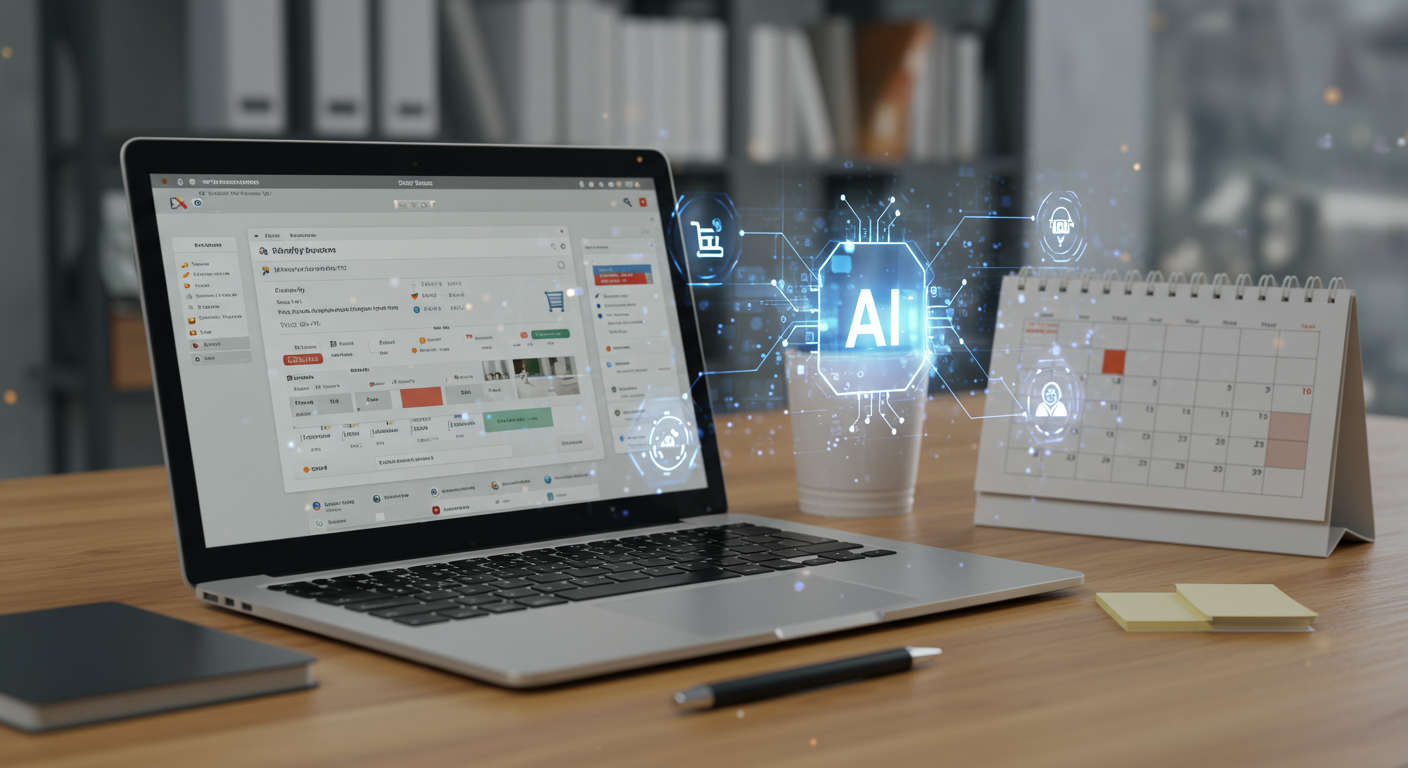 Modern e-commerce workspace with laptop displaying Shopify dashboard, AI virtual assistant icons, and digital automation symbols representing seamless AI integration for SMBs and startups