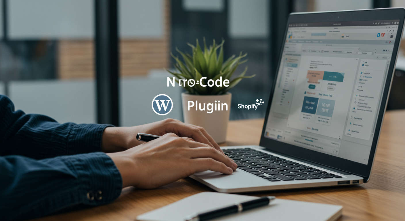 Small business owner using a no-code AI plugin on a laptop with WordPress and Shopify logos visible, modern office setting, focus on ease of use and automation