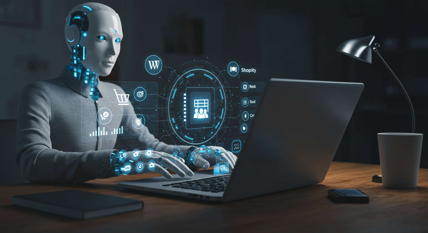 An AI virtual employee working autonomously on a laptop, automating keyword research and SEO content creation for a small business, with WordPress and Shopify logos visible
