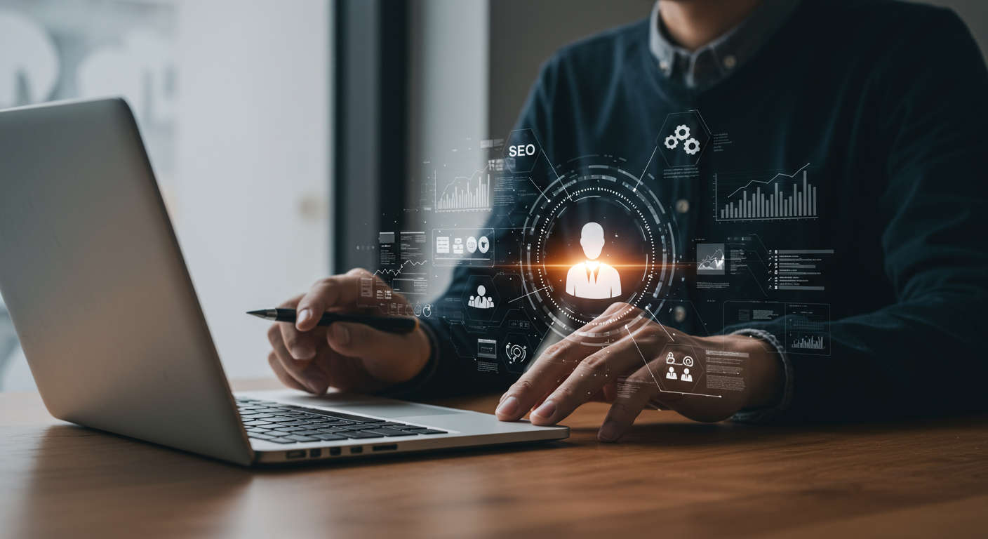 AI virtual employee managing multiple tasks like SEO content creation, lead generation, customer support, and order tracking for a small business, showing efficiency and automation