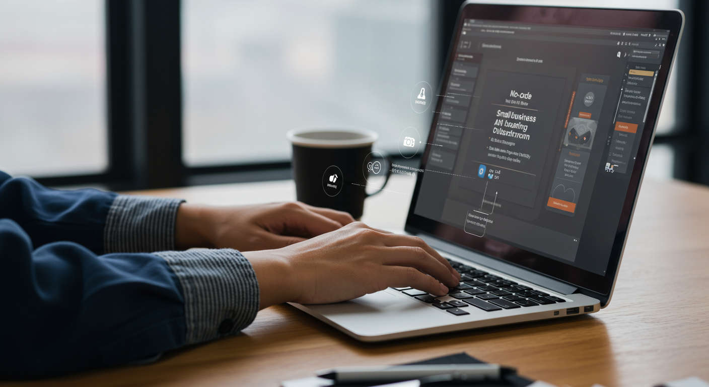 Small business owner using no-code AI onboarding platform on laptop, seamless integration with WordPress and Shopify plugins, modern office setting