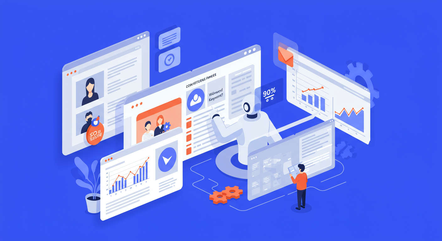 AI virtual employee automating daily content publishing on WordPress and Shopify, showing blog posts, SEO keywords, and growth charts on screen, vibrant and engaging style