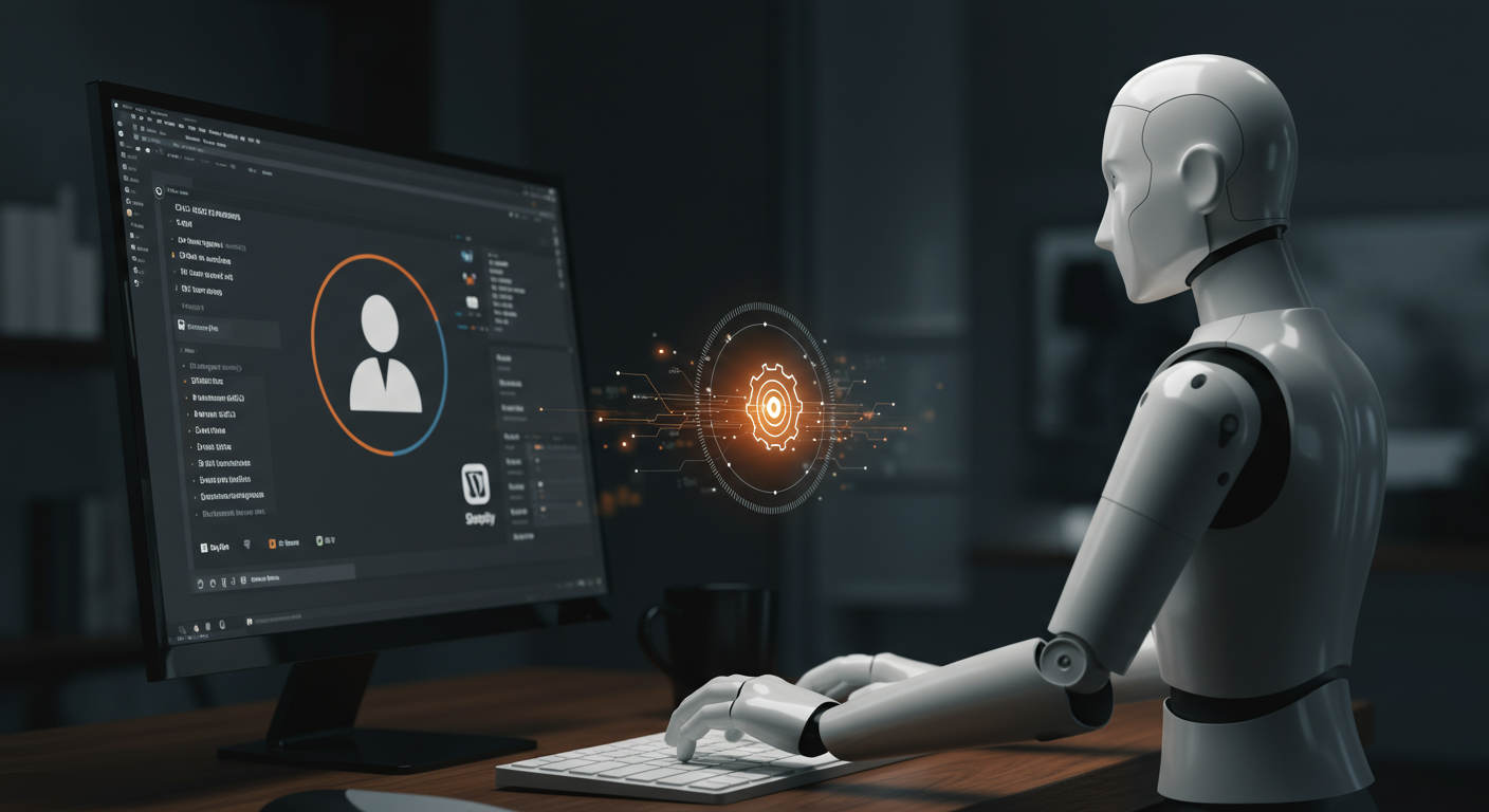 AI virtual employee working on content scheduling and SEO optimisation on a computer screen, with WordPress and Shopify logos visible, representing automation for SMBs and startups