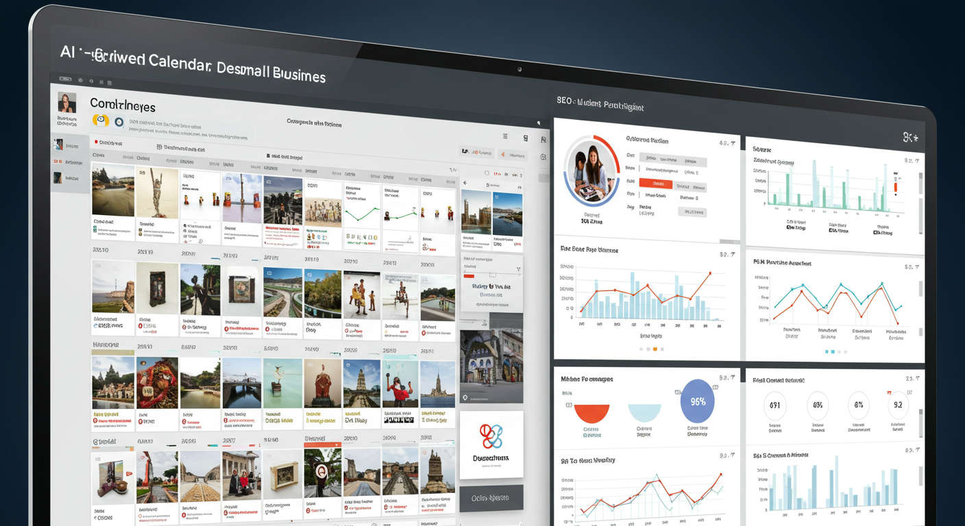 AI-driven content calendar on a digital screen, showing scheduled posts, SEO trend graphs, and audience engagement metrics for small businesses