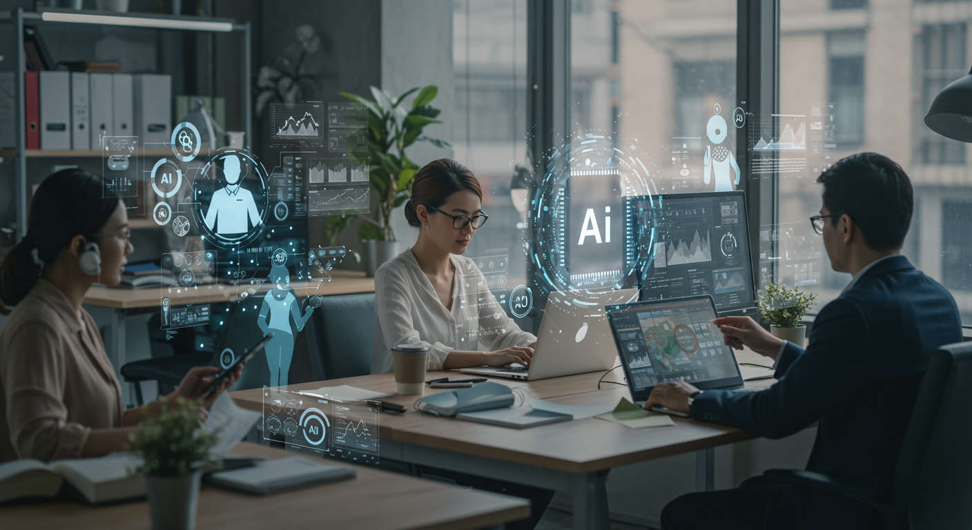 Futuristic small business environment with AI technology integration, virtual AI agents assisting people, and smart devices symbolising AI innovation transforming SMBs and daily life