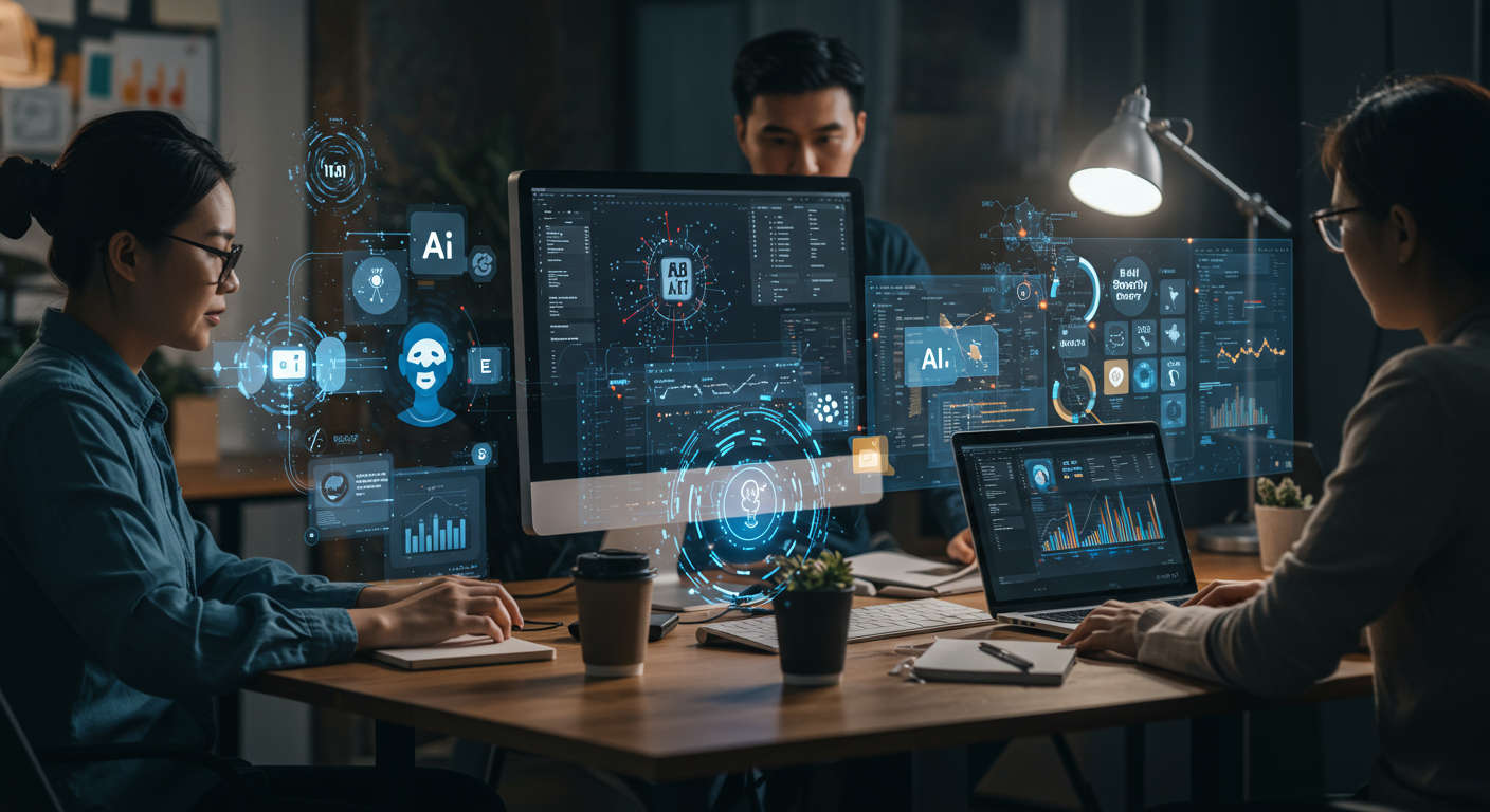 Modern digital workspace with AI technology integration, virtual AI agents, and small business automation concepts in a professional setting