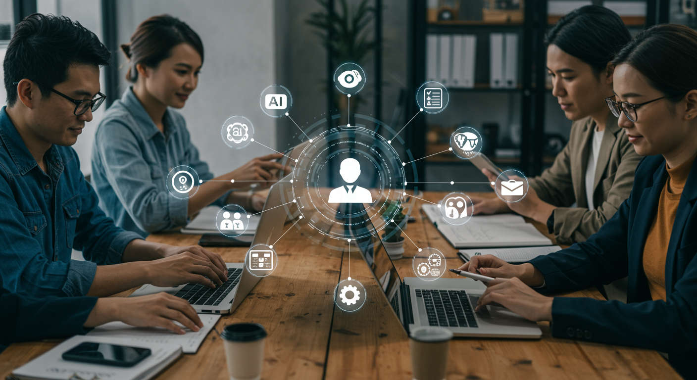 Diverse small business owners and startup founders using laptops and tablets with AI virtual employee and no-code automation icons around, symbolising easy AI onboarding for WordPress and Shopify.