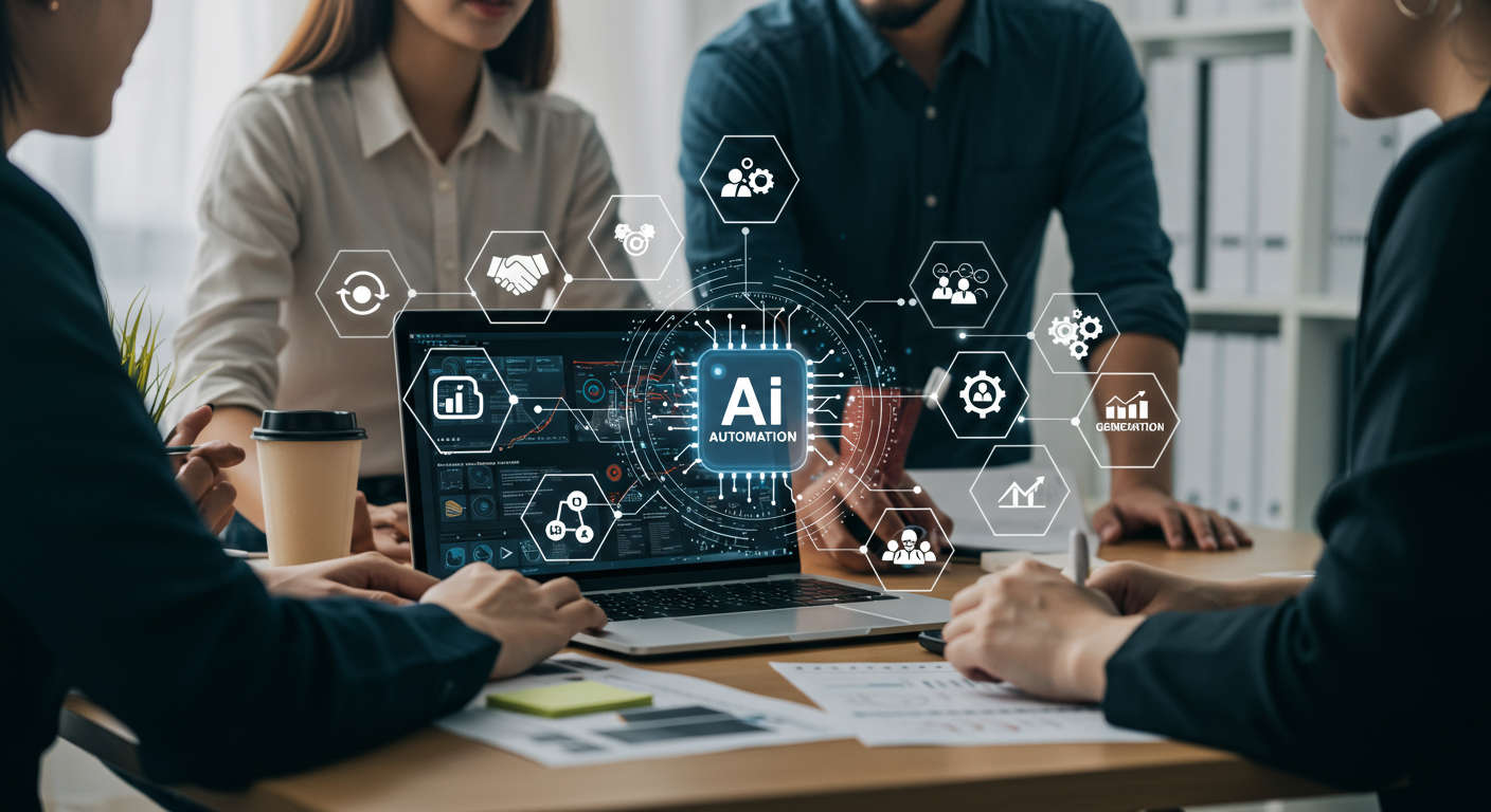 Modern small business office with laptop showing AI content automation software, surrounded by digital marketing icons and diverse team collaborating on AI-driven marketing strategies for SMBs and startups