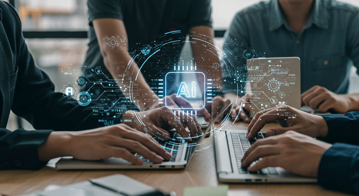 Diverse small business team working with AI marketing automation tools in a modern office environment, symbolising ROI measurement and digital marketing efficiency