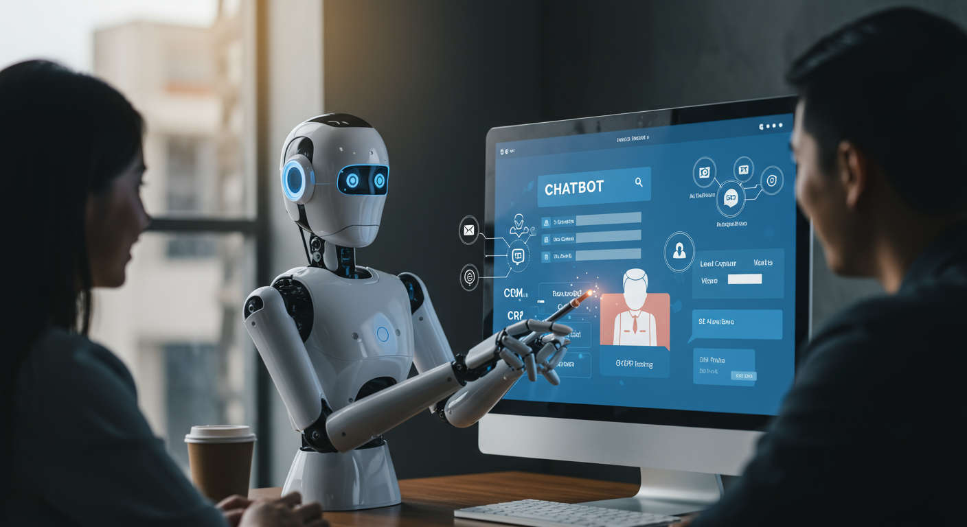 An AI virtual employee chatbot interacting with customers on a website, showing chatbot widget on screen, lead capture forms, CRM integration icons, and data privacy symbols, clean and professional style