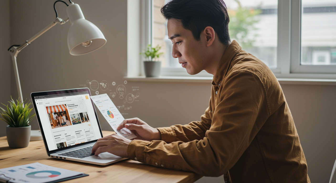 Small business owner reviewing AI-generated SEO-optimised product descriptions on a laptop, showing e-commerce sales growth
