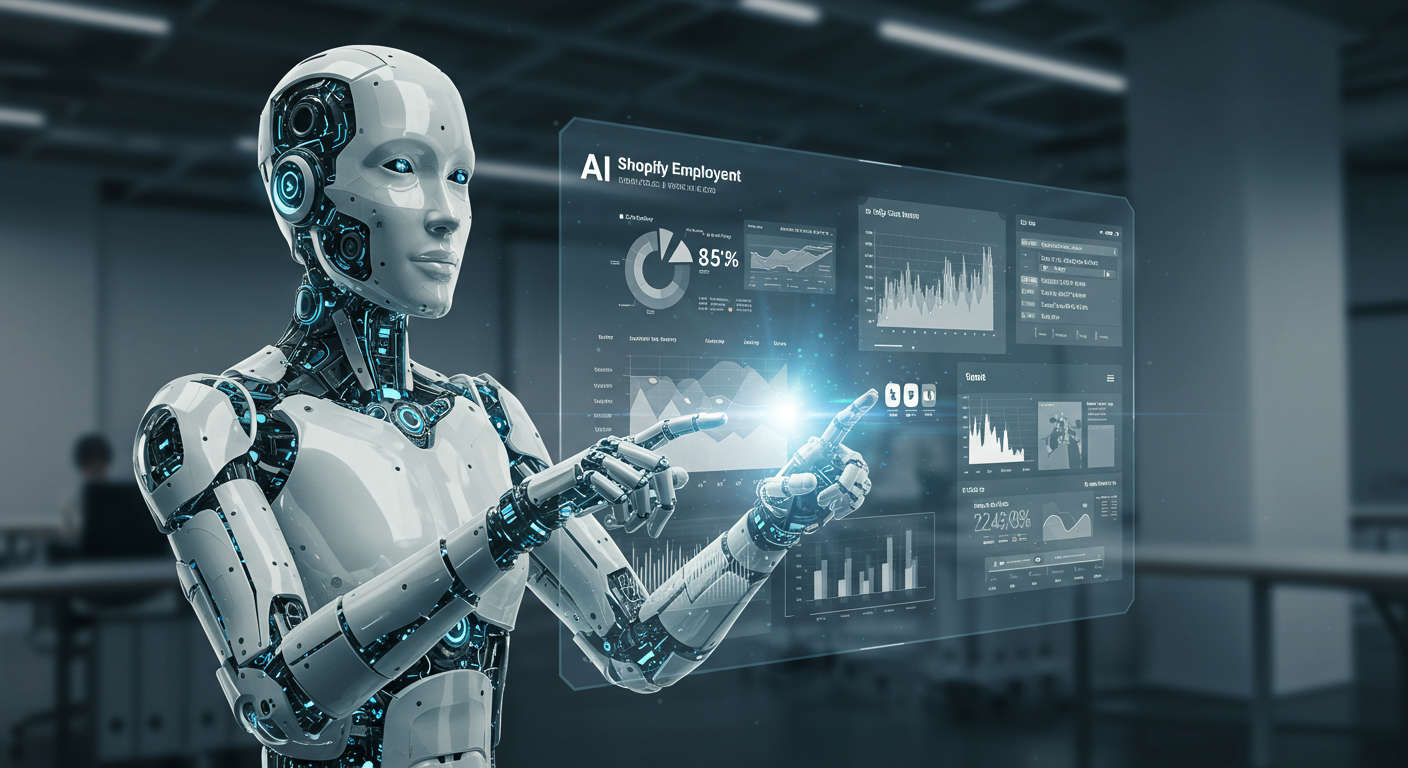 AI virtual employee integrating Shopify inventory with marketing and sales workflows, digital interface with charts and product images, futuristic style