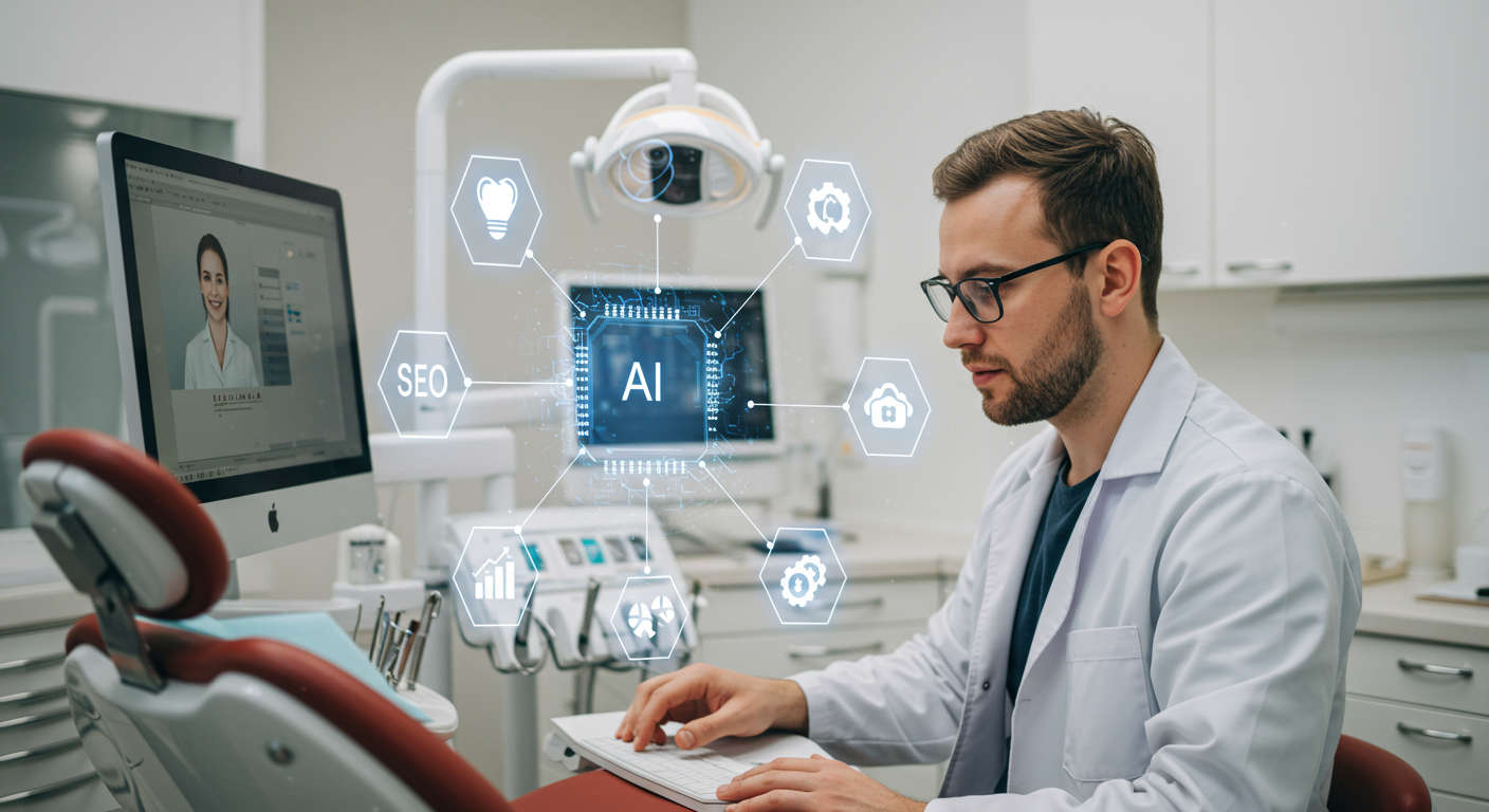 Modern dental clinic with a dentist using AI technology for SEO and content publishing in a bright professional setting